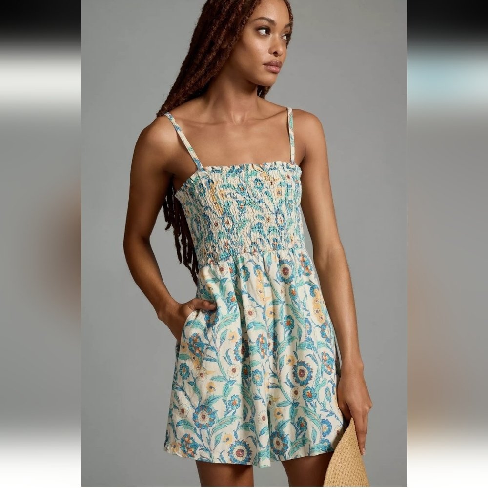 Anthropologie Pilcro Linen Smocked Floral Shorts Romper Aqua Cream Medium